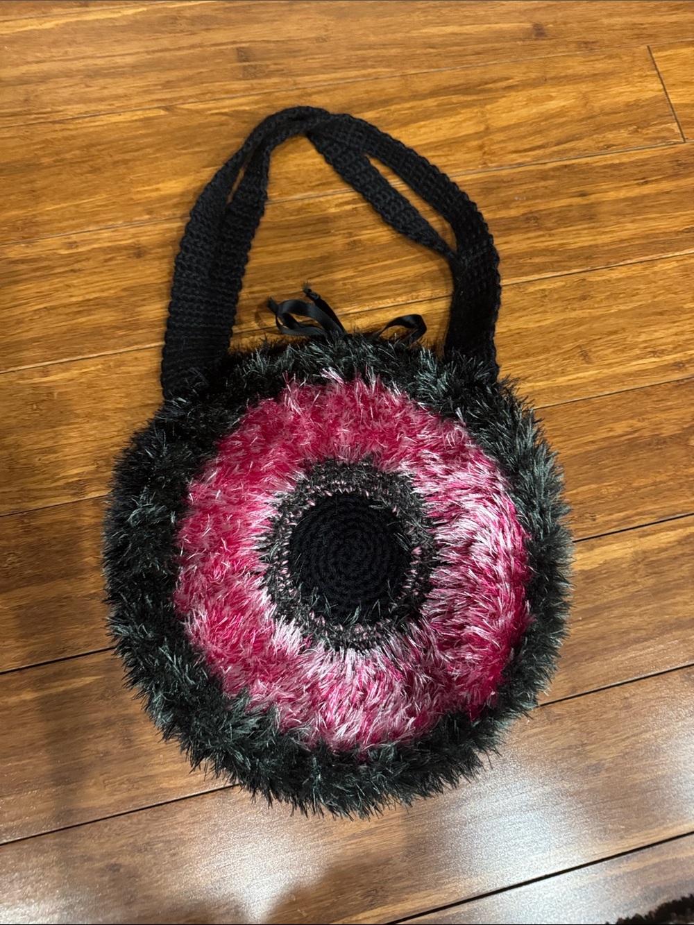 Handmade Black and Pink Fuzzy Round Shoulder Bag
